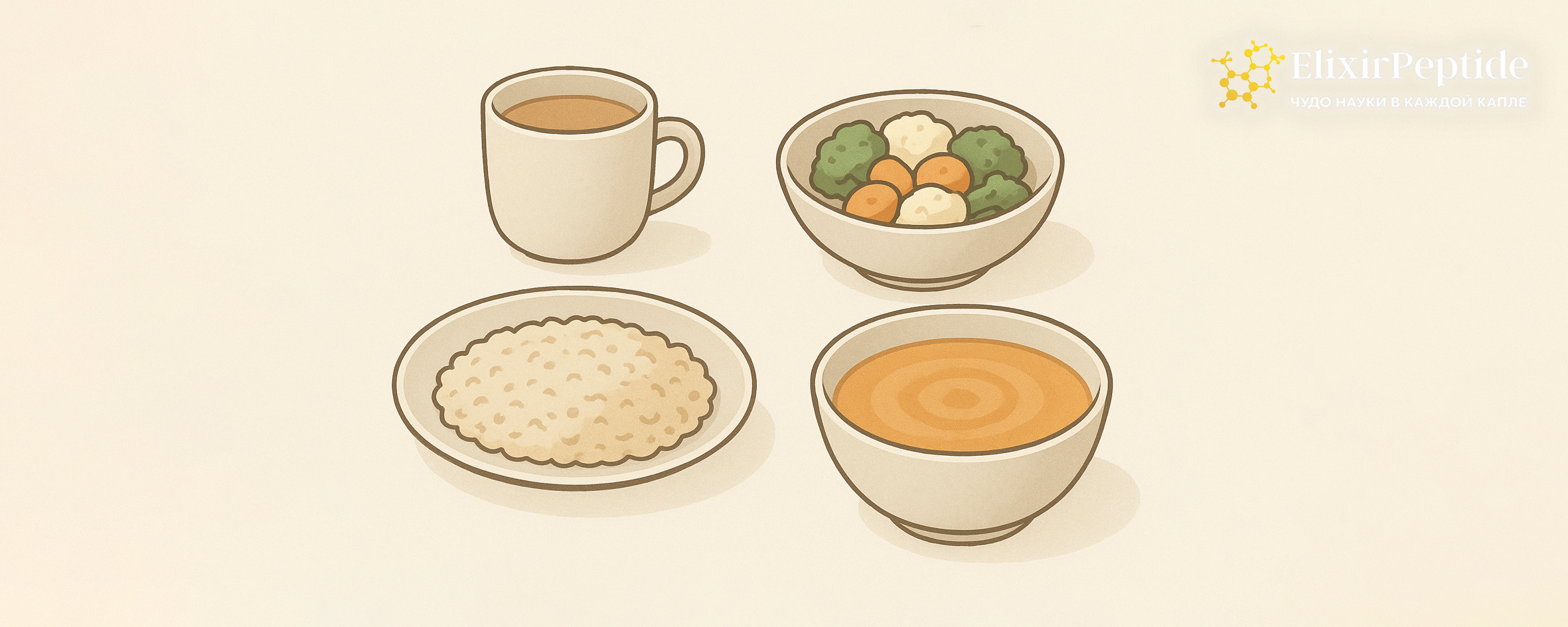 Минималистичные изображения мягких и простых блюд: каша, суп-пюре, варёные овощи.